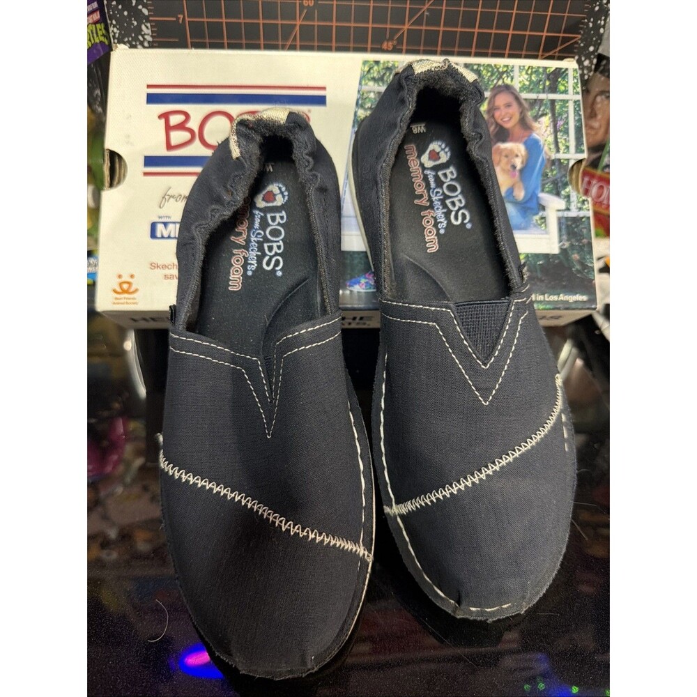 Skechers BOBS Chill Waterfront Womens 8 Navy Canvas Memory Foam Slip On Shoes